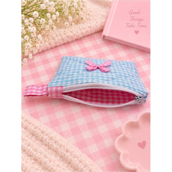 Pastel Blue Gingham Quilted Keychain Wallet with Pink Bow