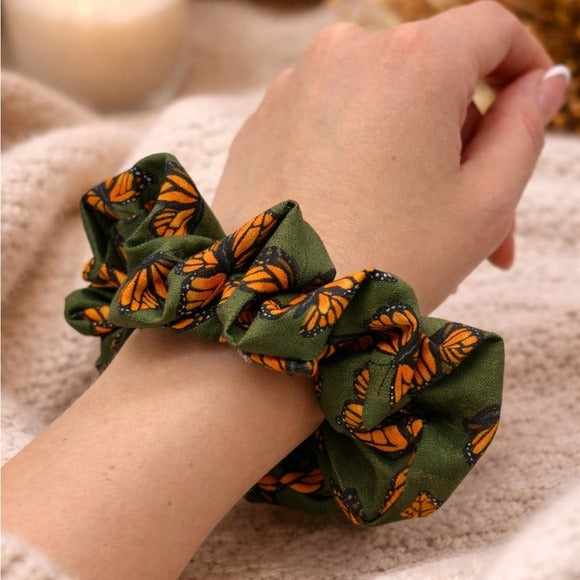 Monarch Butterfly Green Scrunchie - Standard Size