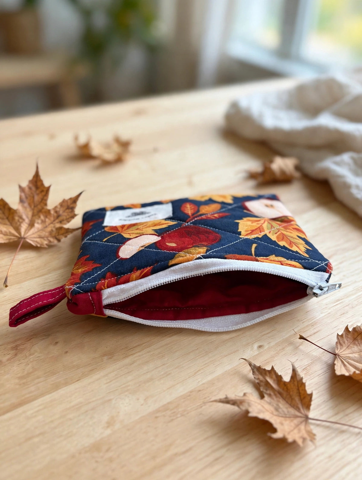 Autumn Apple Quilted Keychain Wallet - Fall Leaves Coin Purse