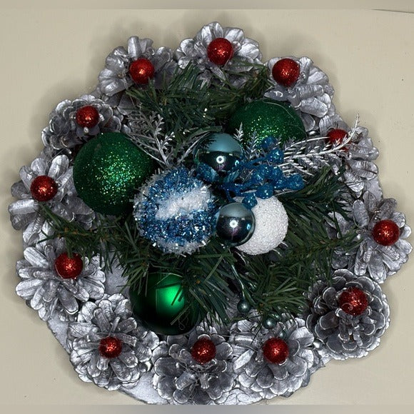 Silver Pinecone Christmas Centerpiece with Green & Blue Ornaments Table Decor