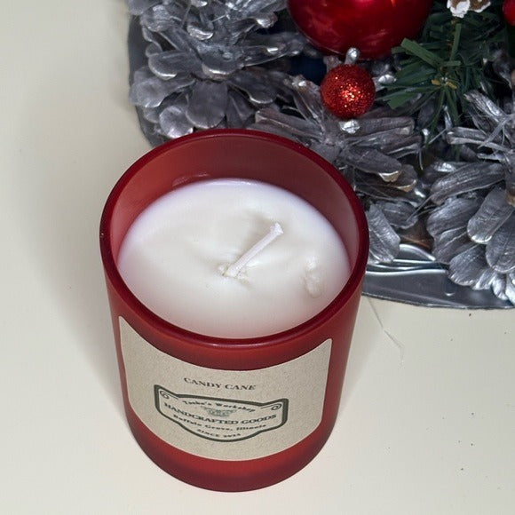 Candy Cane Soy Wax Candle Hand-Poured Holiday Candle in Frosted Red Jar 7oz