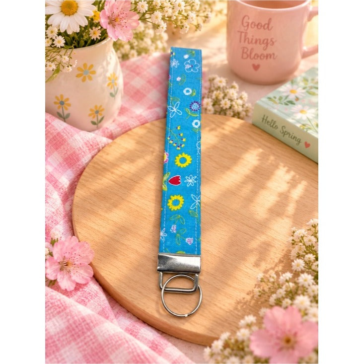 Blue Floral Keychain Wristlet