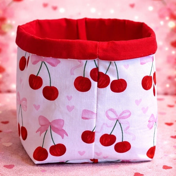 Valentine’s Cherry Fabric Storage Basket Handmade Gift Basket Home Décor