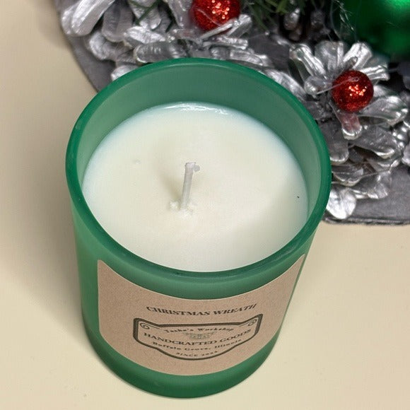 Christmas Wreath Soy Wax Scented Candle Holiday Candle in Frosted Green Jar 7oz