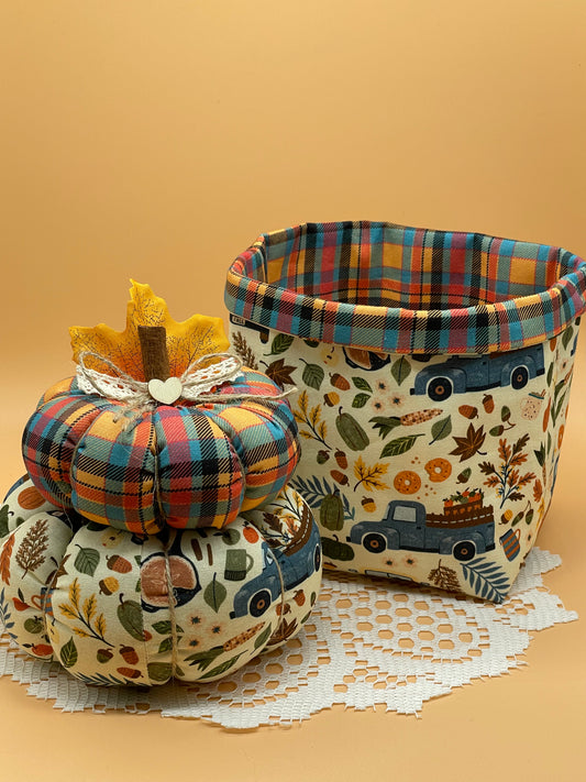 Handmade Fall Decor Set Fabric Basket and Pumpkin