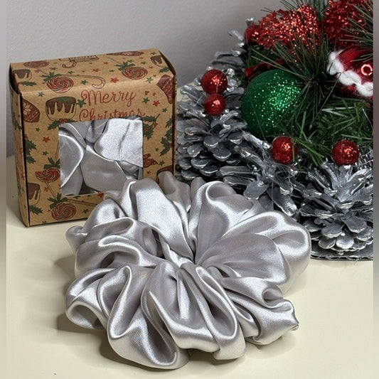 Christmas Silver Satin Hair Scrunchie in Gift Box