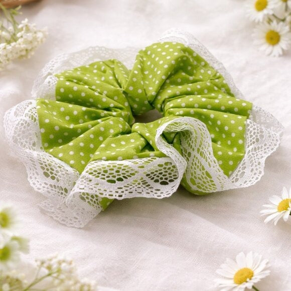 Green Polka Dot Cotton XXL Scrunchie with Lace