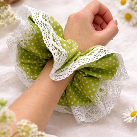 Green Polka Dot Cotton XXL Scrunchie with Lace
