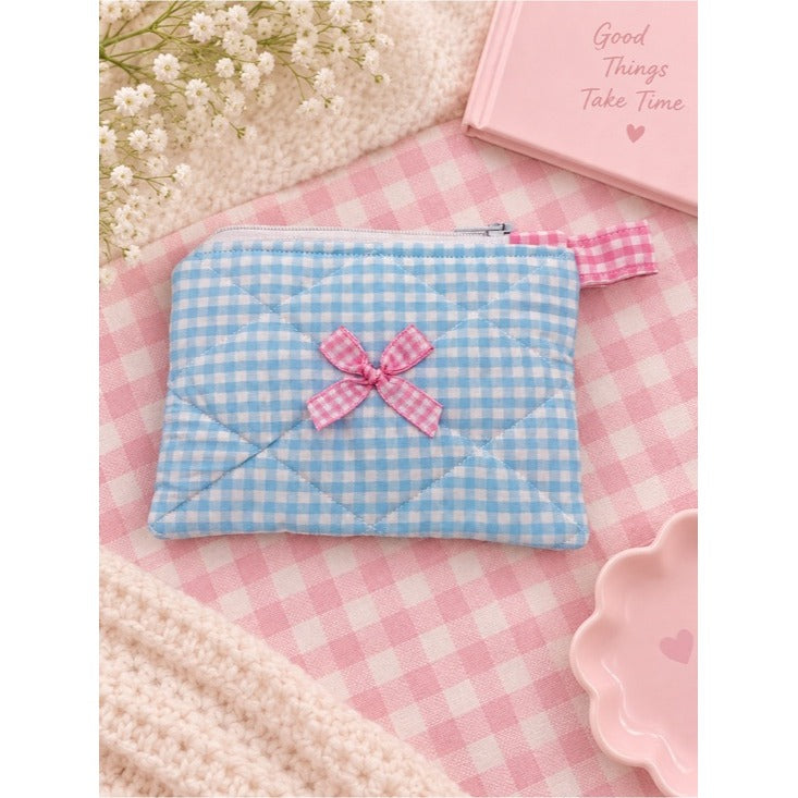 Pastel Blue Gingham Quilted Keychain Wallet with Pink Bow