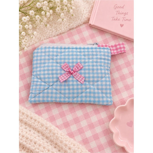 Pastel Blue Gingham Quilted Keychain Wallet with Pink Bow