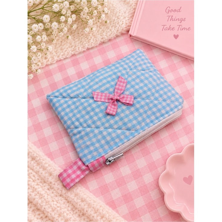 Pastel Blue Gingham Quilted Keychain Wallet with Pink Bow