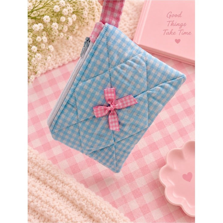 Pastel Blue Gingham Quilted Keychain Wallet with Pink Bow