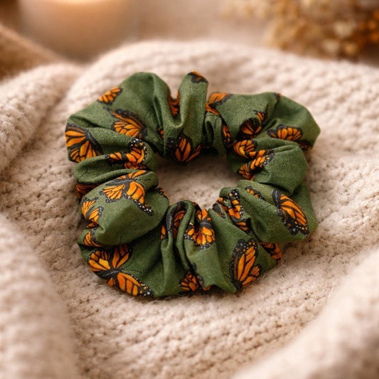 Monarch Butterfly Green Scrunchie - Standard Size