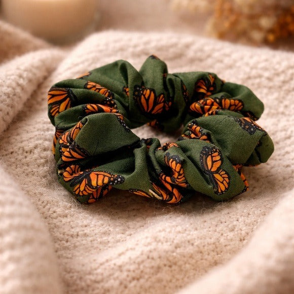 Monarch Butterfly Green Scrunchie - Standard Size