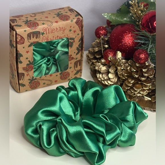 Christmas Green Satin Scrunchie with Christmas Gift Box
