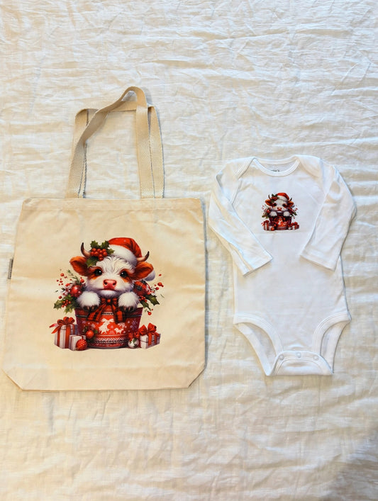 Christmas Cow Tote Bag and Onesie Set