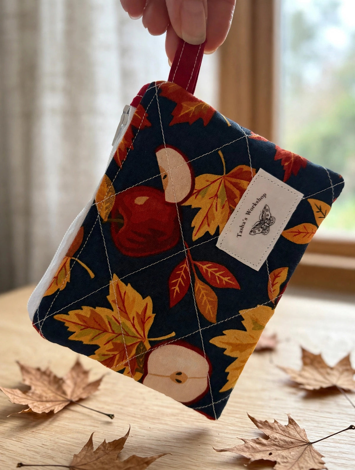 Autumn Apple Quilted Keychain Wallet - Fall Leaves Coin Purse