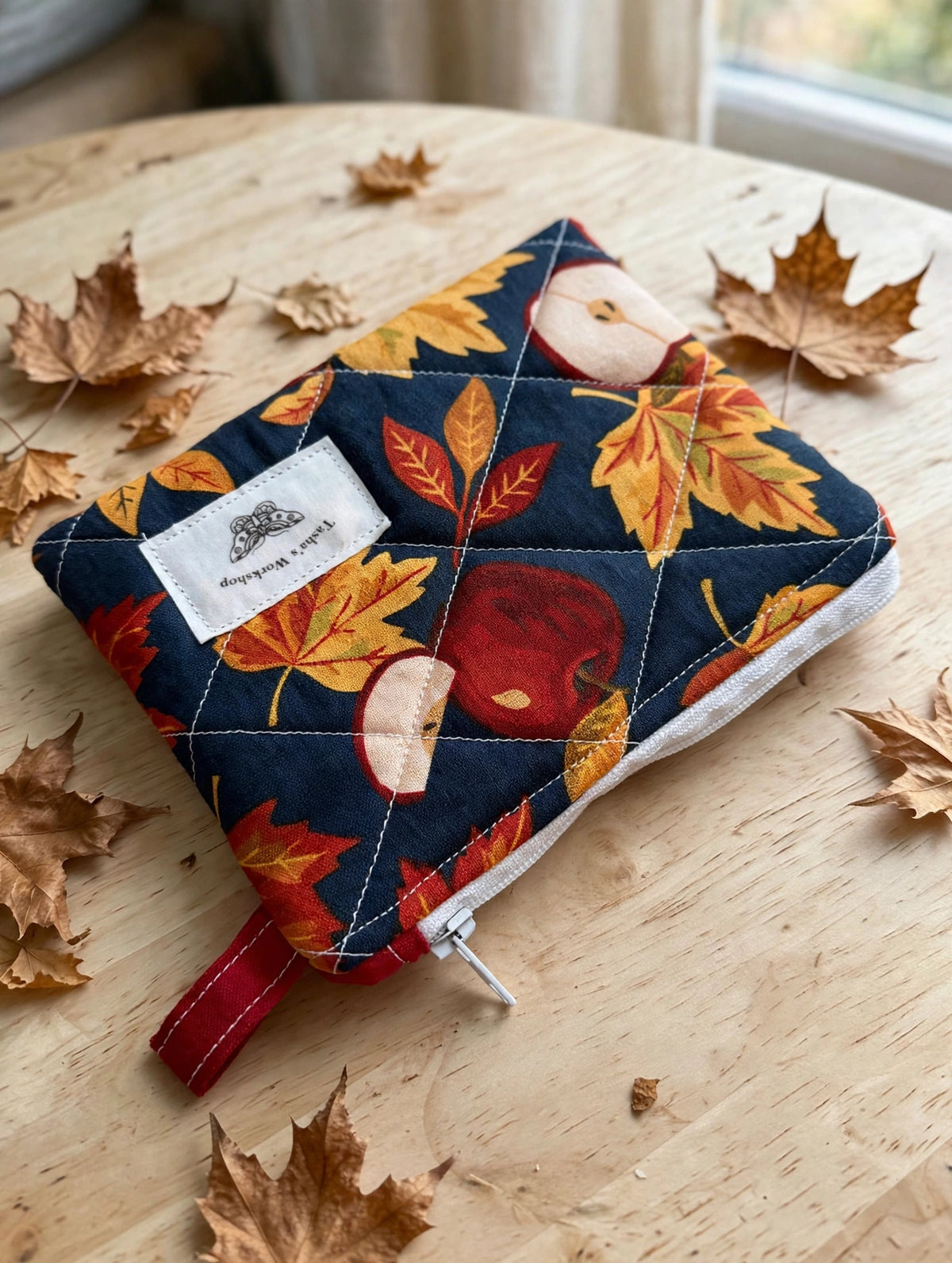 Autumn Apple Quilted Keychain Wallet - Fall Leaves Coin Purse