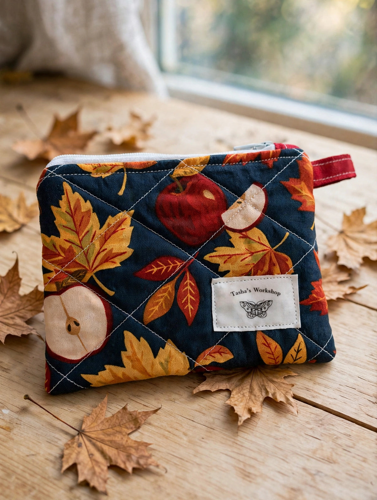 Autumn Apple Quilted Keychain Wallet - Fall Leaves Coin Purse