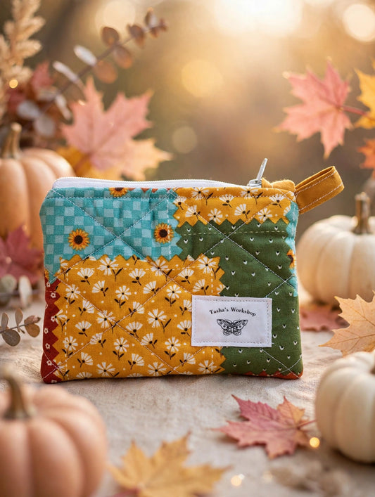 Fall Patchwork Quilted Zip Pouch Keychain Wristlet