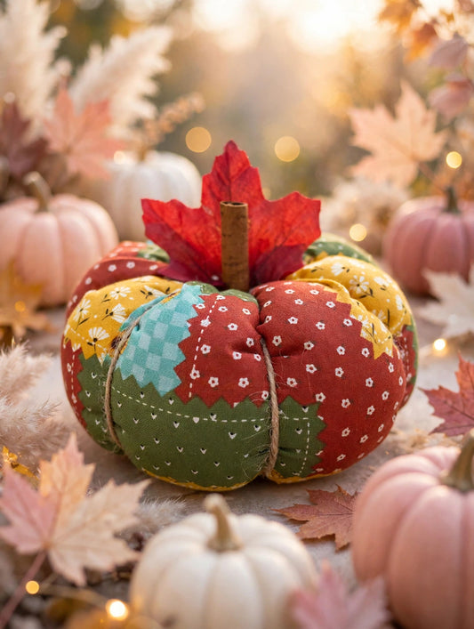 Fall Patchwork Fabric Pumpkin – Handmade Autumn Table Decor, Sunflower Pumpkin