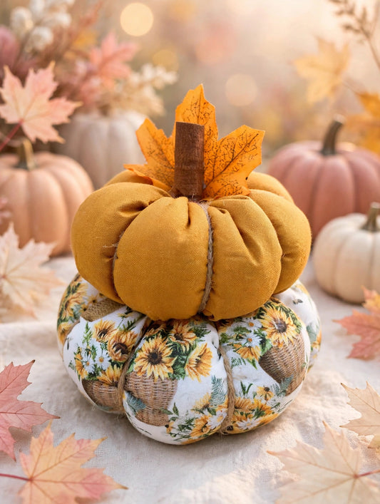 Stacked Fabric Pumpkin Set – Handmade Sunflower Autumn Decor, Fall Table Pumpkins