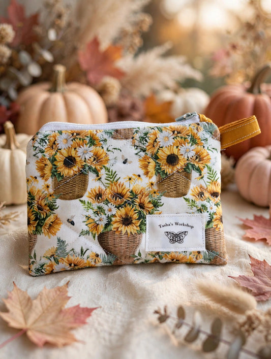 Sunflower Zip Pouch – Floral Quilted Keychain Wallet
