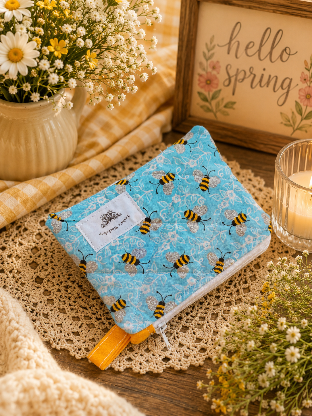 Bee Quilted Zipper Wallet
