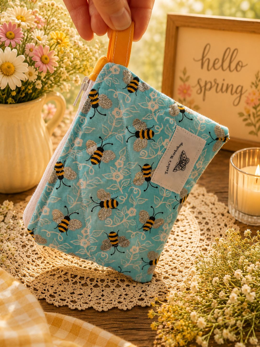 Bee Quilted Zipper Wallet