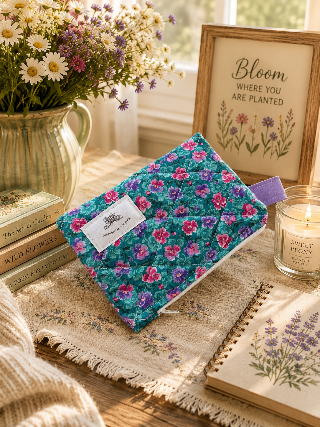 Purple Wildflower Quilted Zipper Wallet