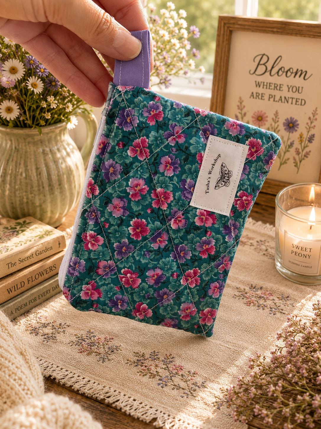 Purple Wildflower Quilted Zipper Wallet