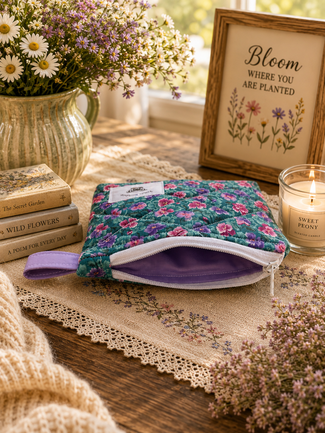 Purple Wildflower Quilted Zipper Wallet