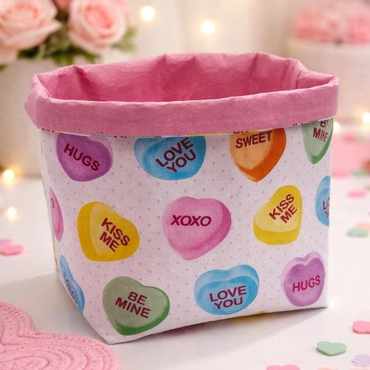 Handmade Valentine’s Day Basket Candy Heart Fabric Gift Basket Valentine Decor