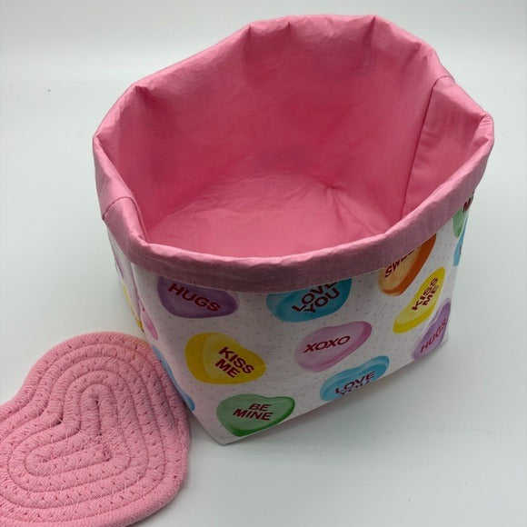 Handmade Valentine’s Day Basket Candy Heart Fabric Gift Basket Valentine Decor