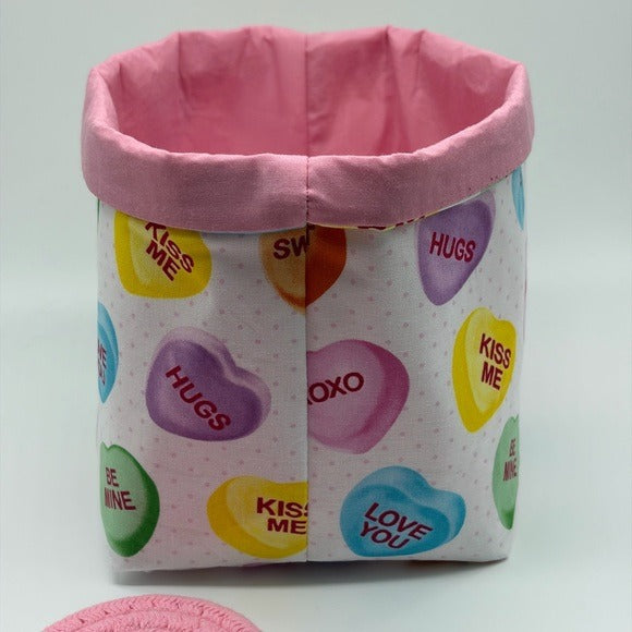 Handmade Valentine’s Day Basket Candy Heart Fabric Gift Basket Valentine Decor
