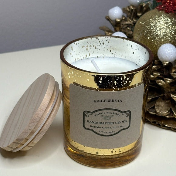 Gingerbread Soy Wax Candle Hand-Poured Holiday Candle in Gold Mercury Glass 7oz