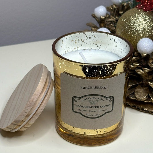 Gingerbread Soy Wax Candle Hand-Poured Holiday Candle in Gold Mercury Glass 7oz