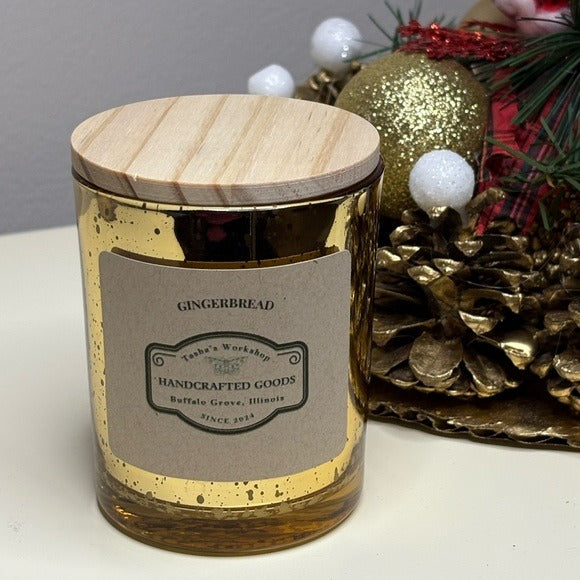 Gingerbread Soy Wax Candle Hand-Poured Holiday Candle in Gold Mercury Glass 7oz