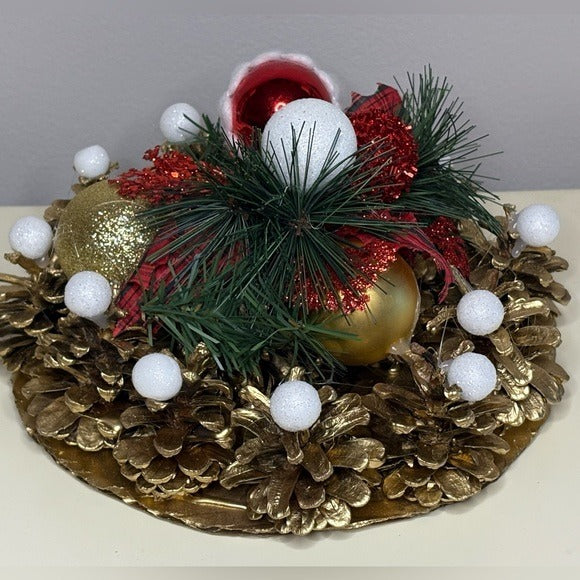 Gold Pinecone Christmas Centerpiece Red & Gold Ornament Holiday Table Decor