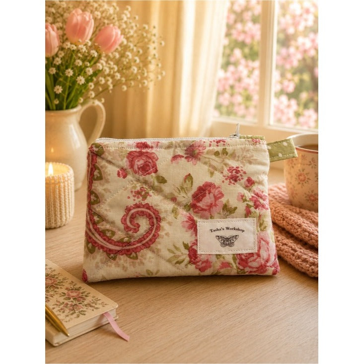 Romantic Floral and Paisley Quilted Zipper Keychain Wallet