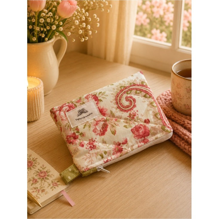 Romantic Floral and Paisley Quilted Zipper Keychain Wallet