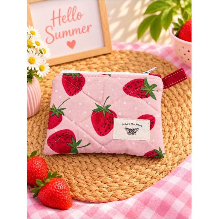 Strawberry Quilted Zipper Keychain Wallet