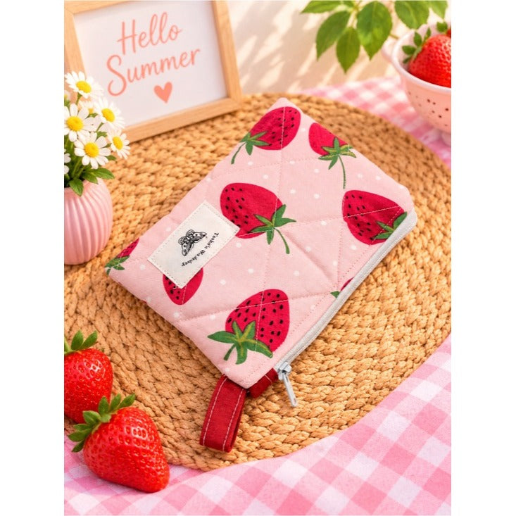 Strawberry Quilted Zipper Keychain Wallet