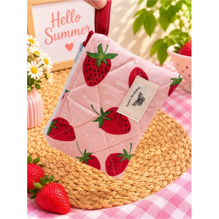 Strawberry Quilted Zipper Keychain Wallet