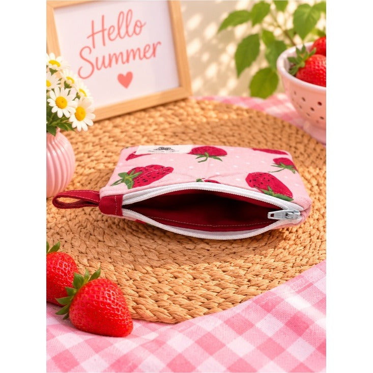 Strawberry Quilted Zipper Keychain Wallet