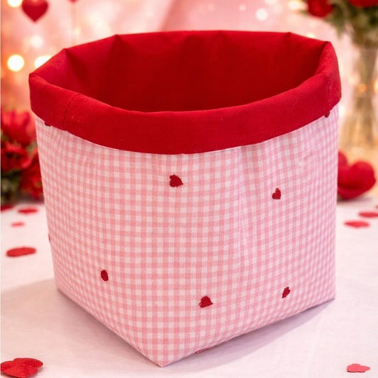 Handmade Valentine Fabric Storage Basket Pink Gingham with Red Hearts