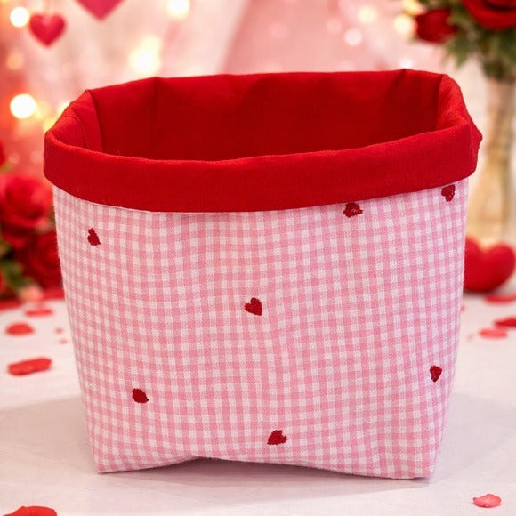 Handmade Valentine Fabric Storage Basket Pink Gingham with Red Hearts