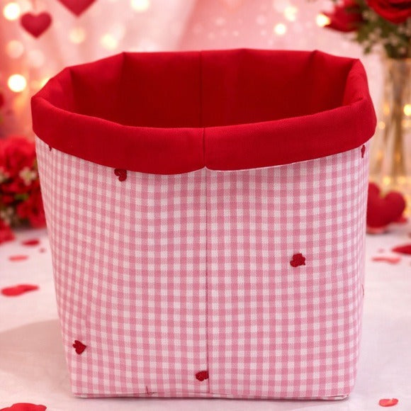 Handmade Valentine Fabric Storage Basket Pink Gingham with Red Hearts