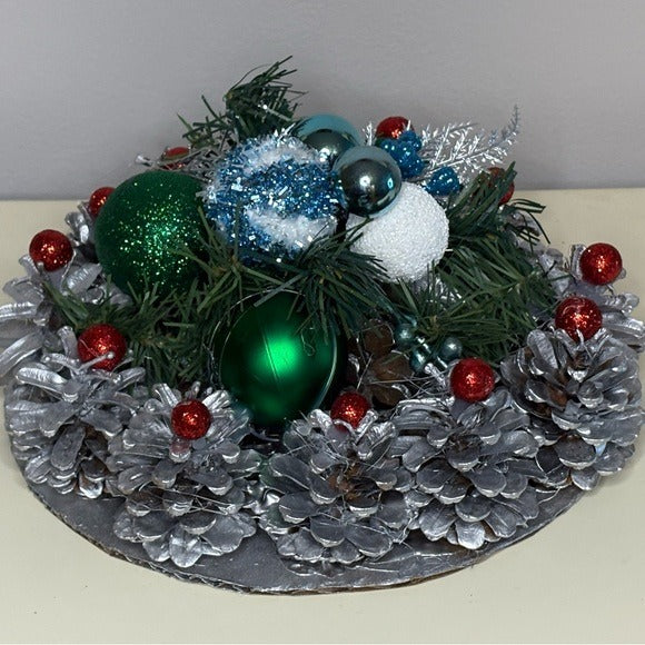 Silver Pinecone Christmas Centerpiece with Green & Blue Ornaments Table Decor