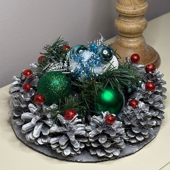 Silver Pinecone Christmas Centerpiece with Green & Blue Ornaments Table Decor